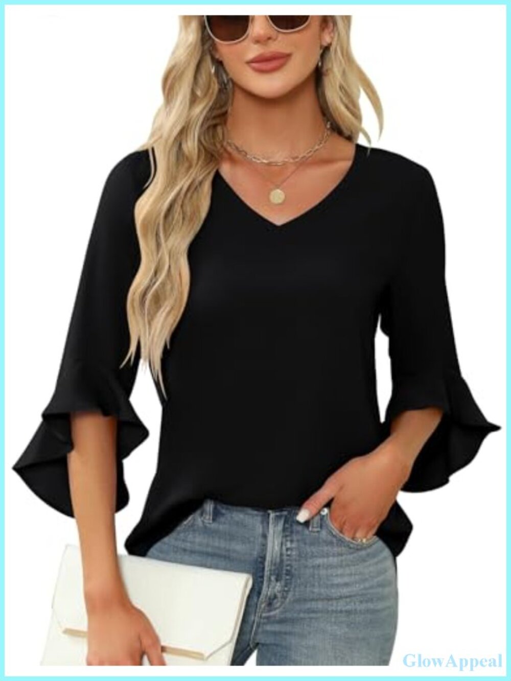 Chiffon Ruffle 3/4 Sleeve V-Neck Tunic Top Flowy Dressy Blouse